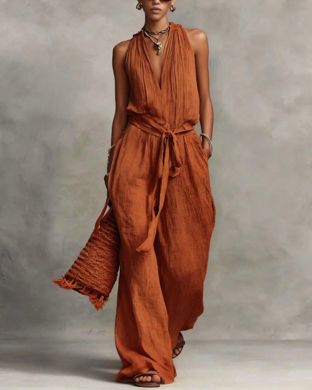 Vyla™ Deep V Halter Jumpsuit Adjustable Tie Waist Wide Leg Boho Resort Outfit