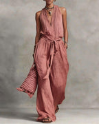 Vyla™ Deep V Halter Jumpsuit Adjustable Tie Waist Wide Leg Boho Resort Outfit