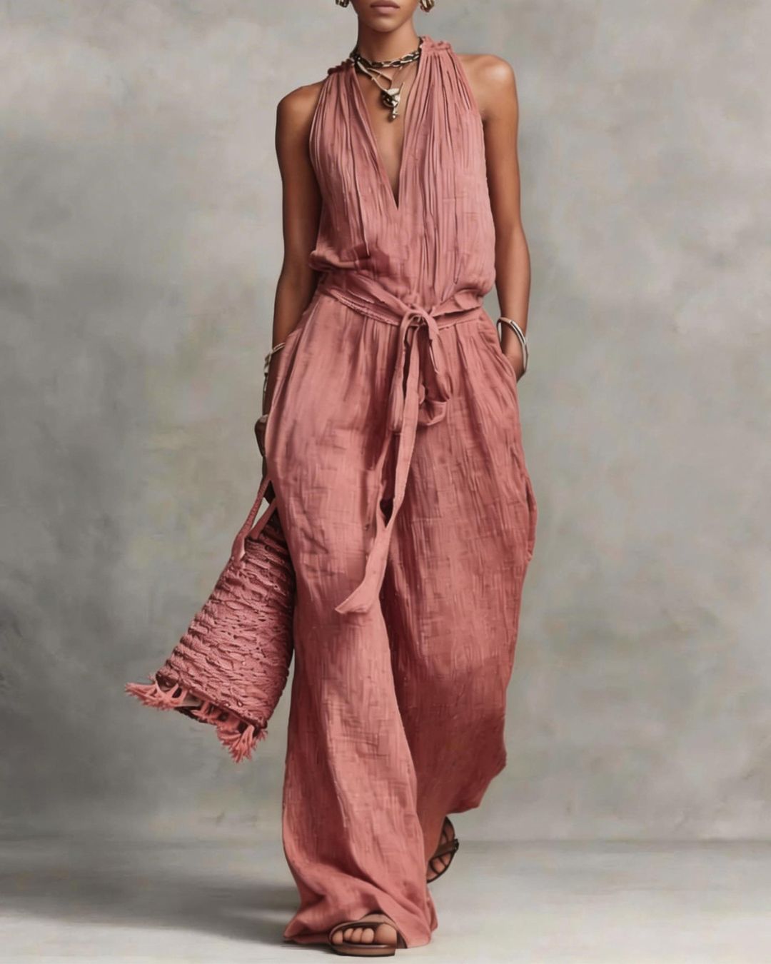 Vyla™ Deep V Halter Jumpsuit Adjustable Tie Waist Wide Leg Boho Resort Outfit