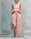 Vyla™ Blush Pink Linen Two-Piece Set Ruffle Detail Lightweight Breathable Romantic Summer Outfit