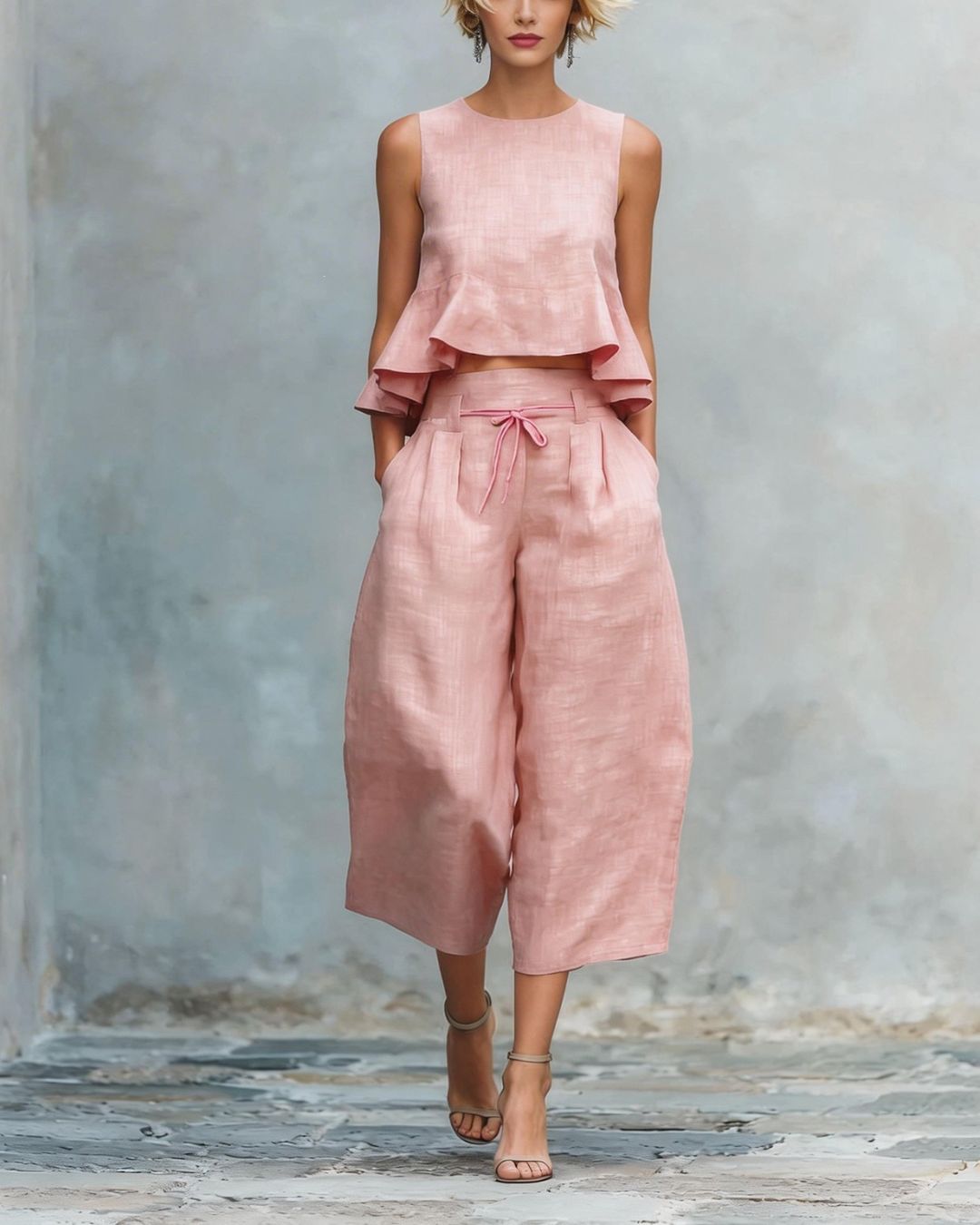 Vyla™ Blush Pink Linen Two-Piece Set Ruffle Detail Lightweight Breathable Romantic Summer Outfit