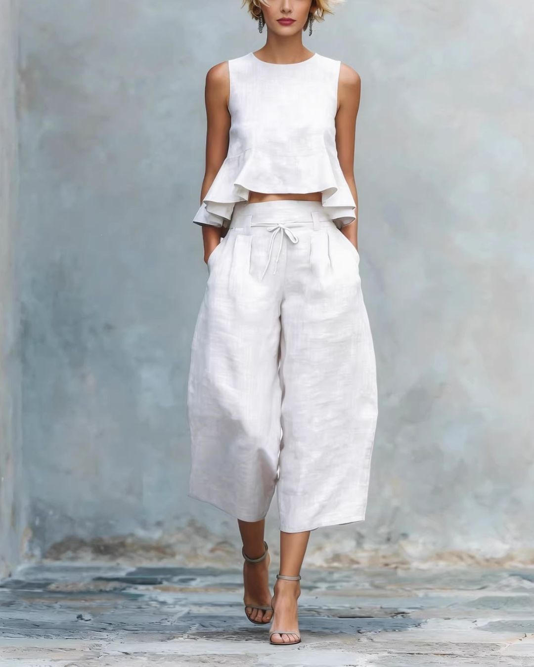 Vyla™ Blush Pink Linen Two-Piece Set Ruffle Detail Lightweight Breathable Romantic Summer Outfit