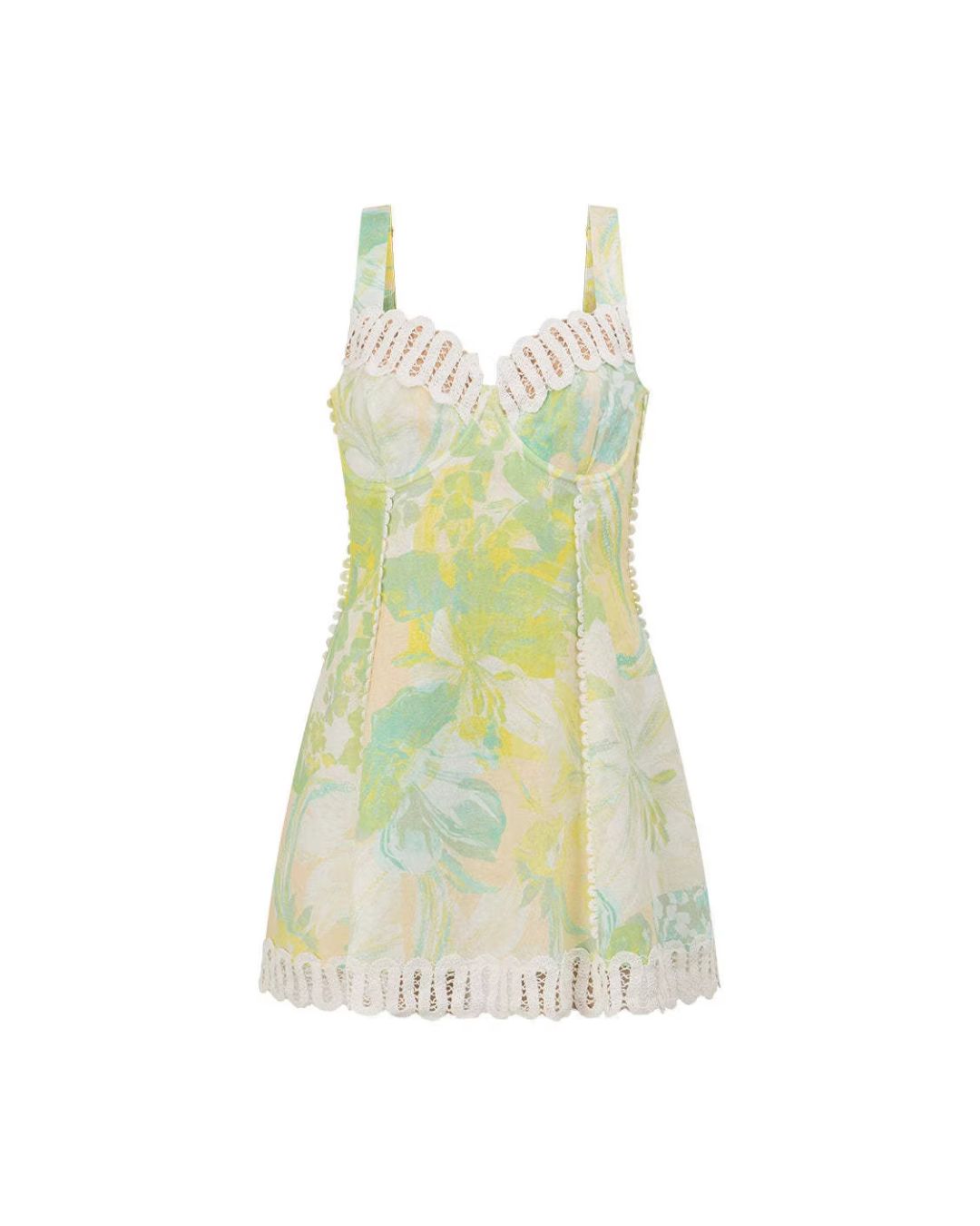 Vyla™ Floral Print Crochet Zig Zag Trim Back Lace-up Mini Dress