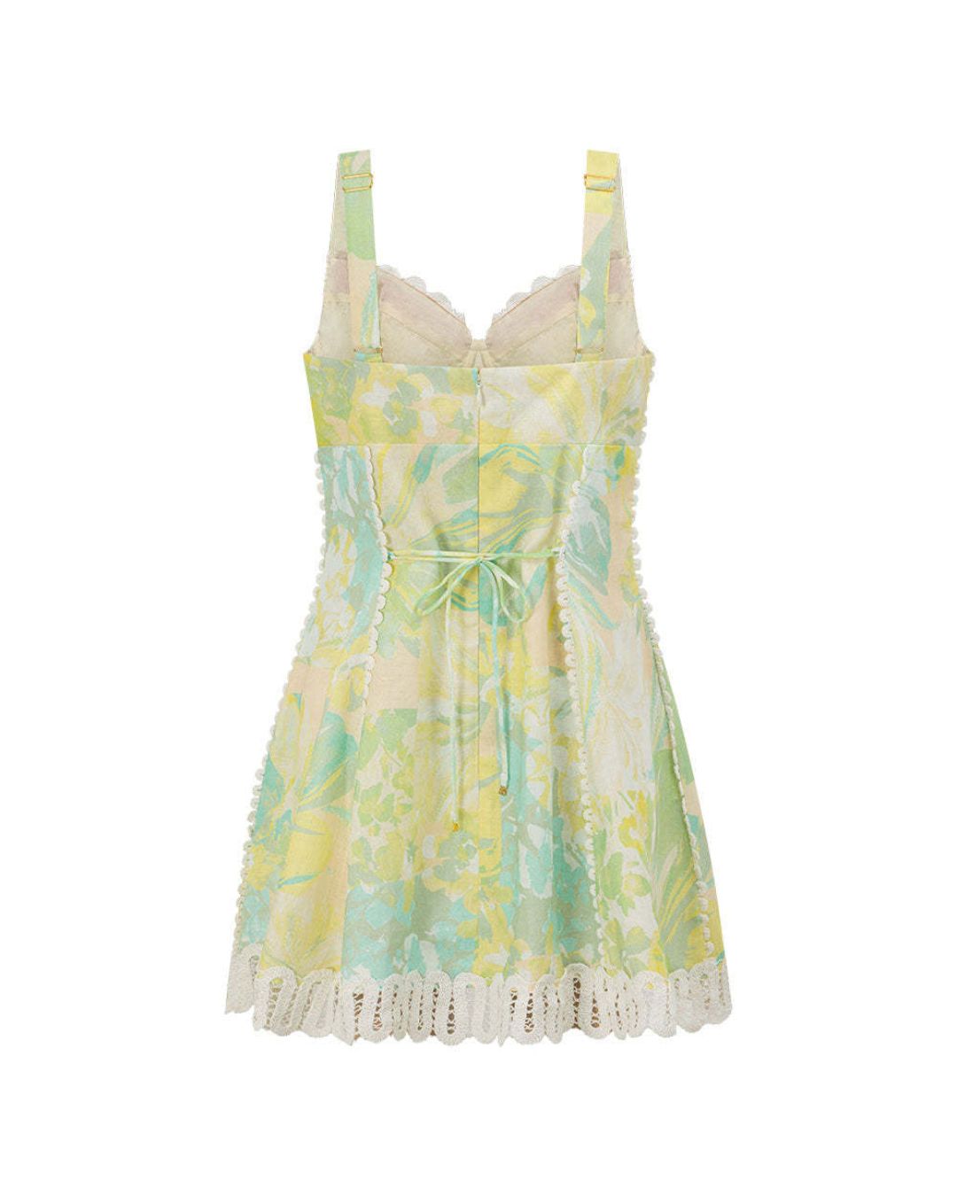 Vyla™ Floral Print Crochet Zig Zag Trim Back Lace-up Mini Dress