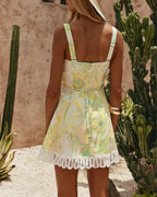 Vyla™ Floral Print Crochet Zig Zag Trim Back Lace-up Mini Dress