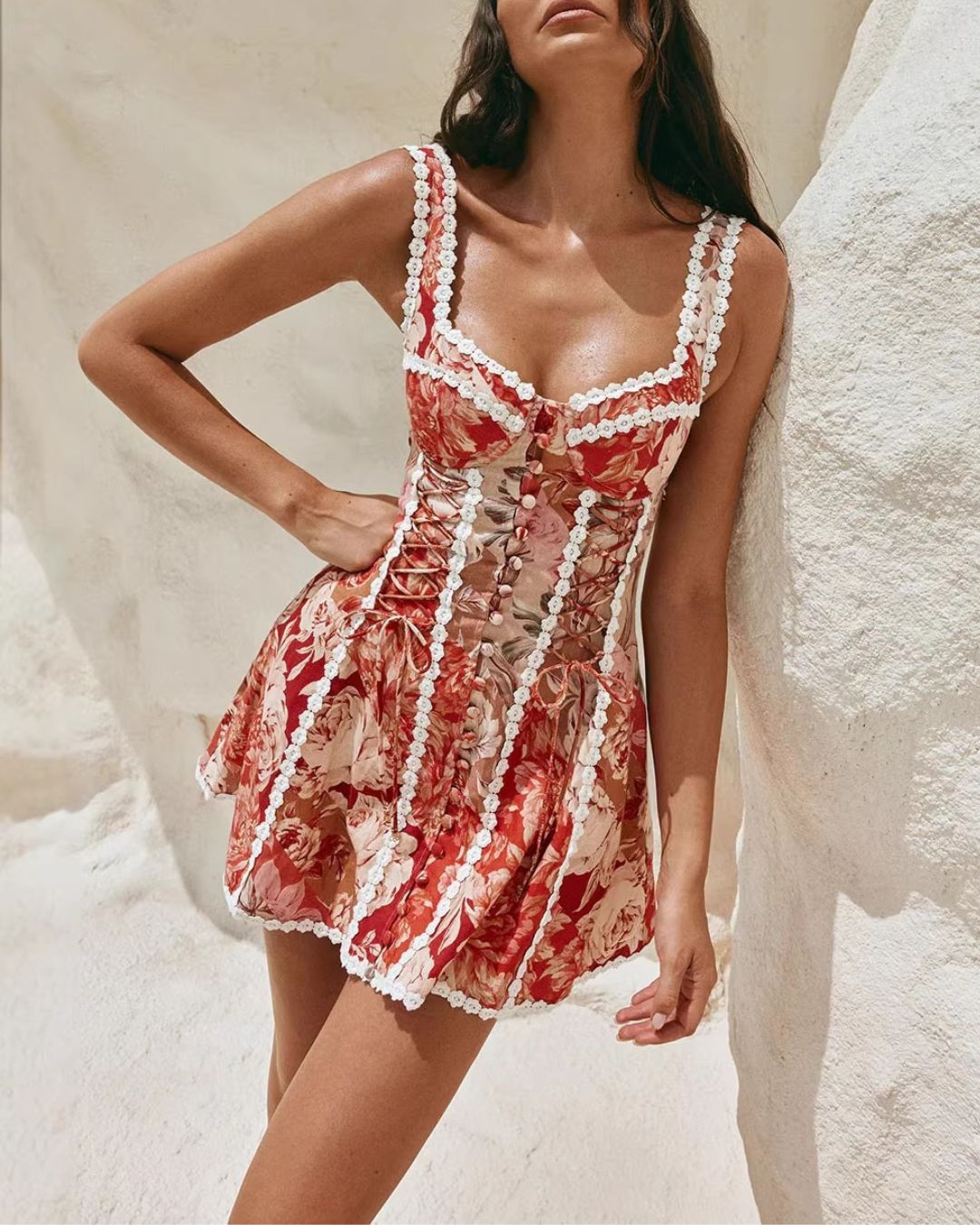 Vyla™ Vintage Cottagecore Red Floral Corset Lace-Up Mini Dress Button Front Lace Trim