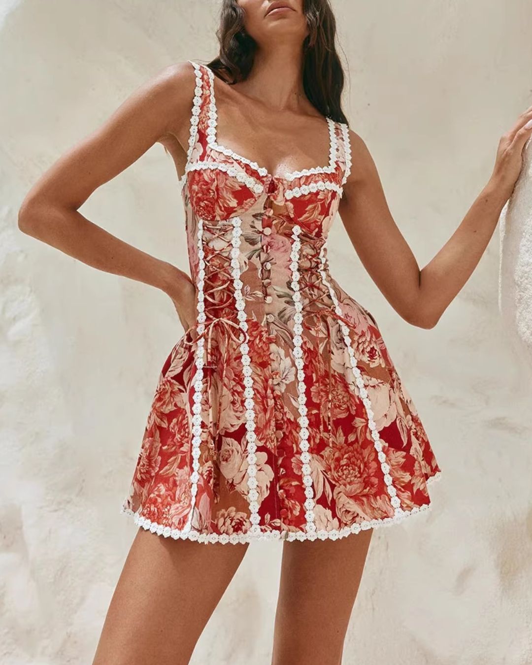 Vyla™ Vintage Cottagecore Red Floral Corset Lace-Up Mini Dress Button Front Lace Trim