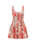 Vyla™ Vintage Cottagecore Red Floral Corset Lace-Up Mini Dress Button Front Lace Trim
