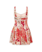 Vyla™ Vintage Cottagecore Red Floral Corset Lace-Up Mini Dress Button Front Lace Trim