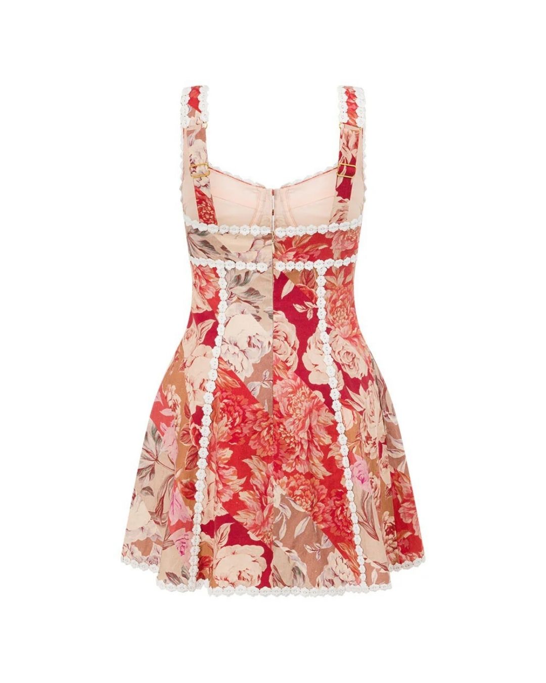 Vyla™ Vintage Cottagecore Red Floral Corset Lace-Up Mini Dress Button Front Lace Trim