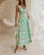 Vyla™ Mint Green Heritage Print Linen Maxi Dress Low Back Strappy Detail Ric Rac Trim