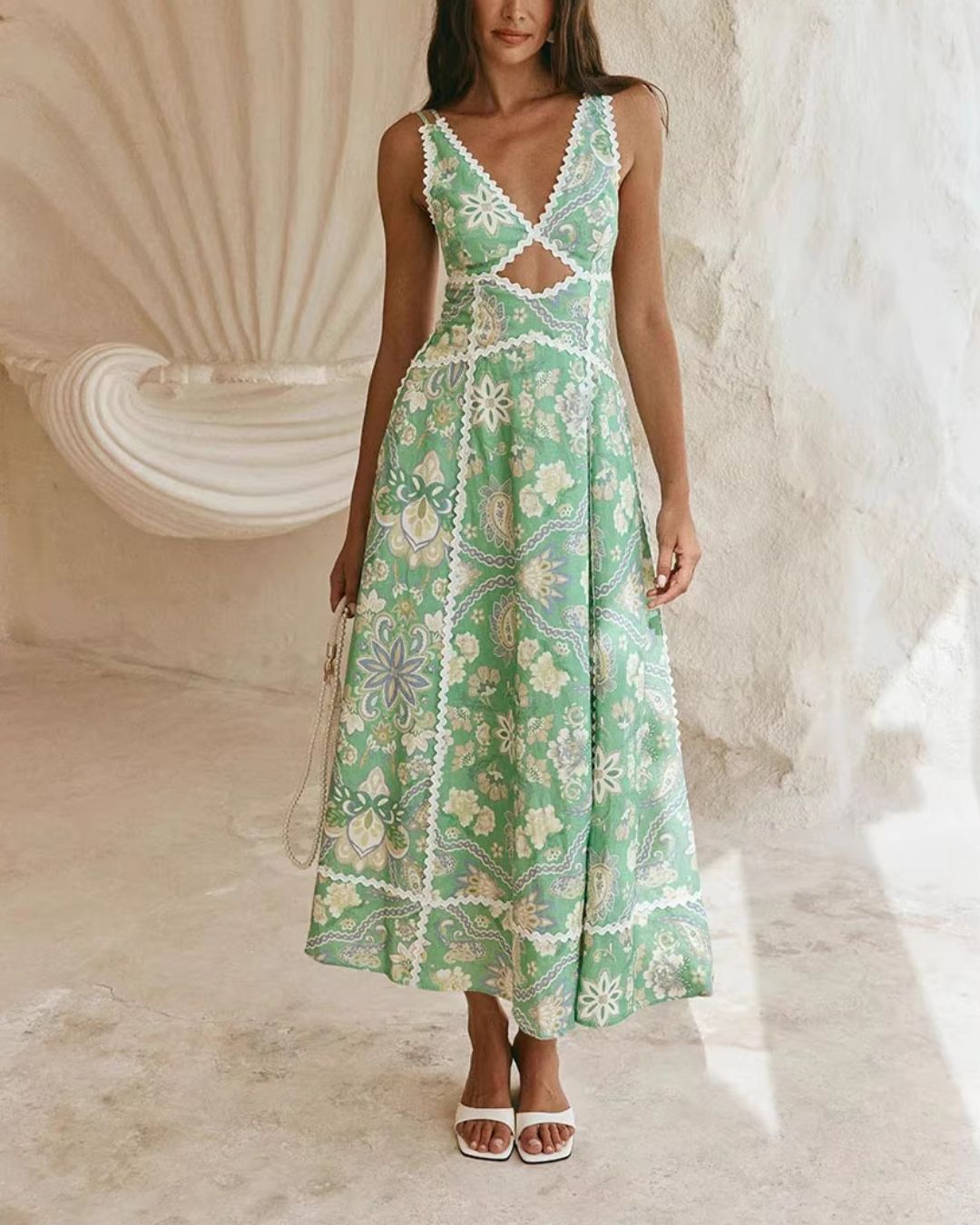 Vyla™ Mint Green Heritage Print Linen Maxi Dress Low Back Strappy Detail Ric Rac Trim