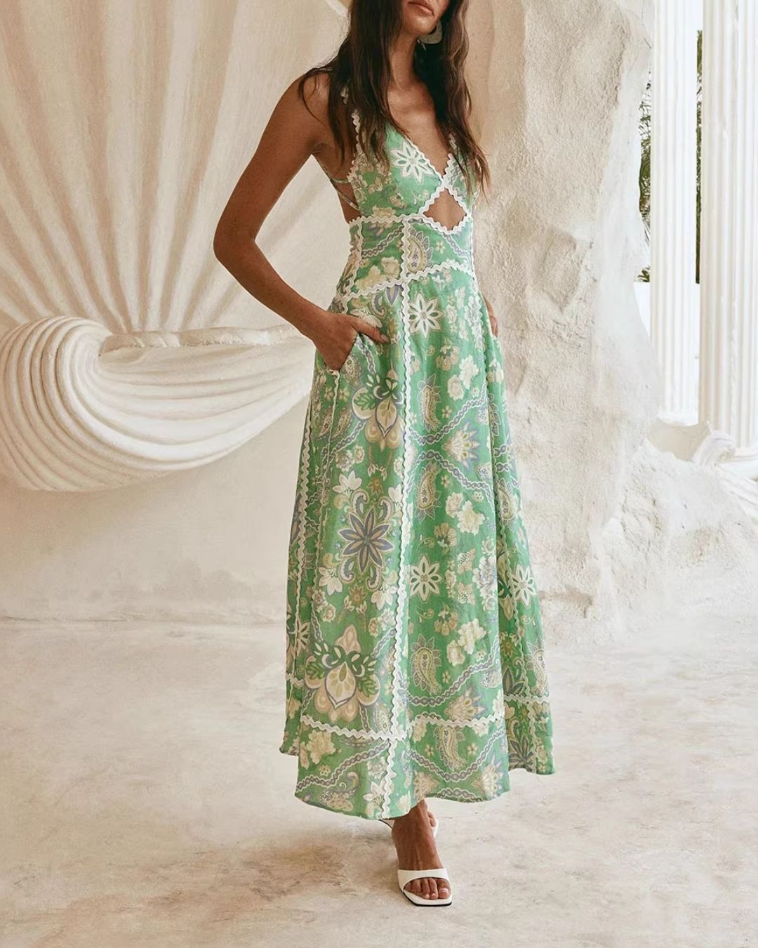 Vyla™ Mint Green Heritage Print Linen Maxi Dress Low Back Strappy Detail Ric Rac Trim