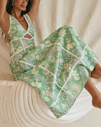 Vyla™ Mint Green Heritage Print Linen Maxi Dress Low Back Strappy Detail Ric Rac Trim