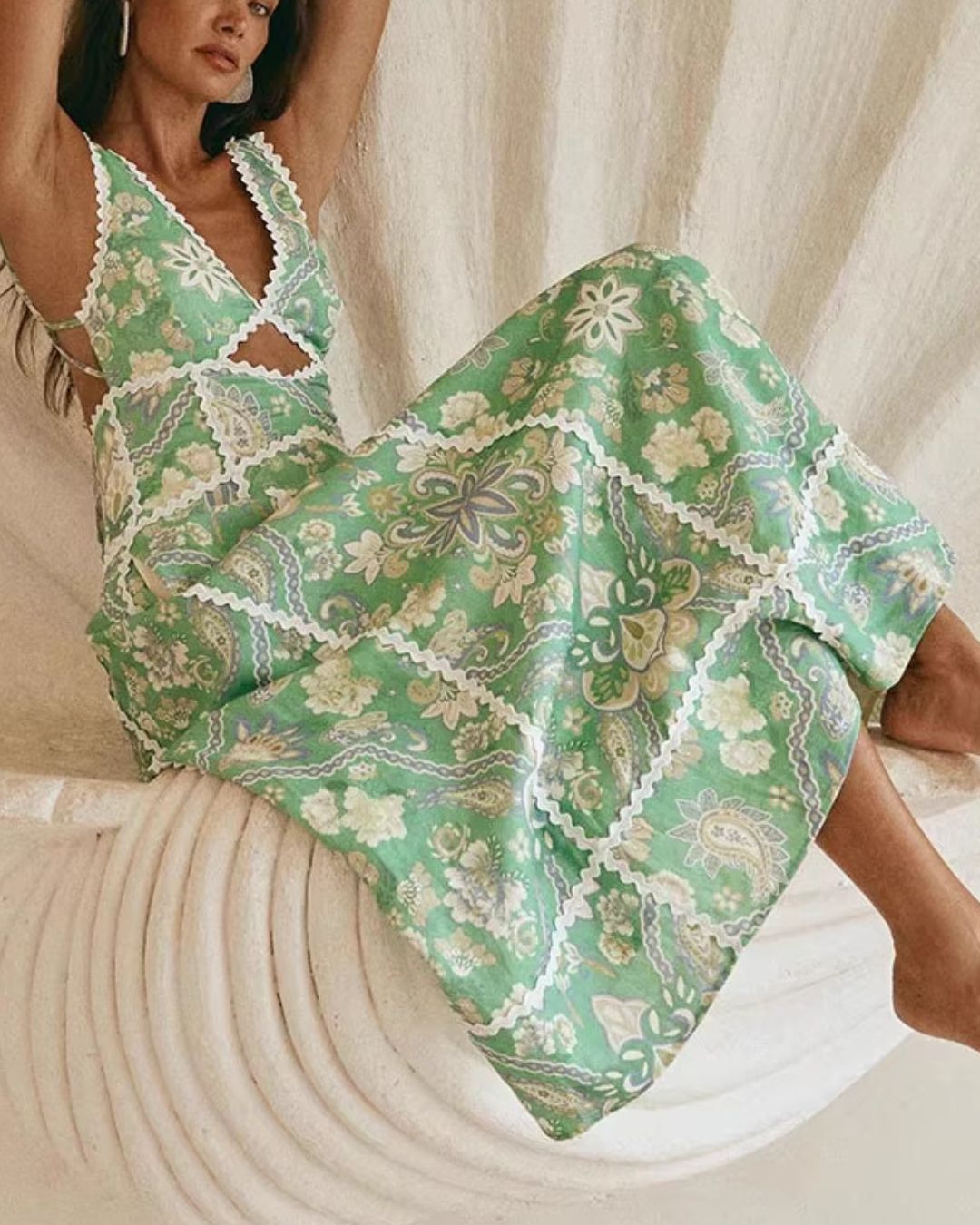 Vyla™ Mint Green Heritage Print Linen Maxi Dress Low Back Strappy Detail Ric Rac Trim