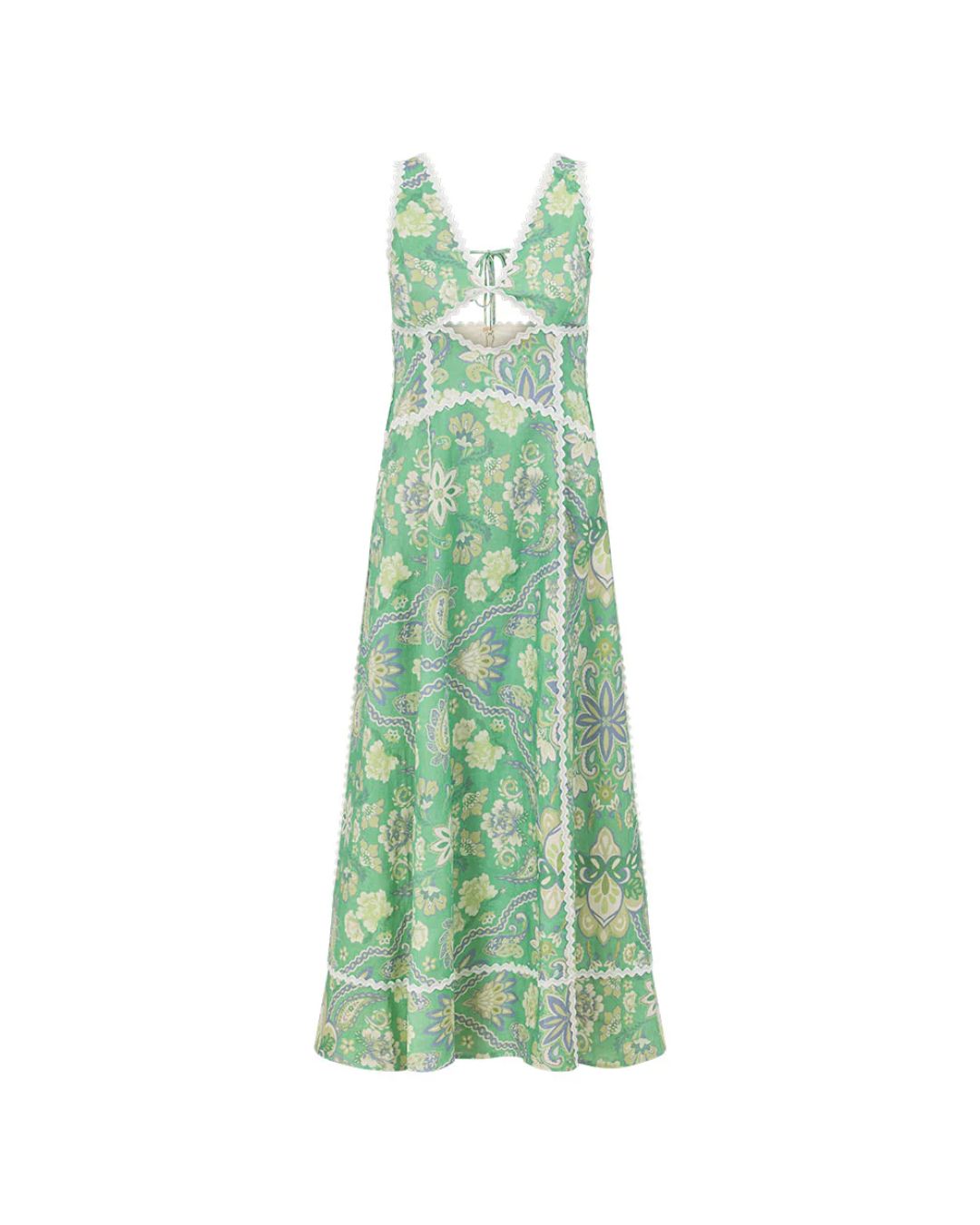Vyla™ Mint Green Heritage Print Linen Maxi Dress Low Back Strappy Detail Ric Rac Trim