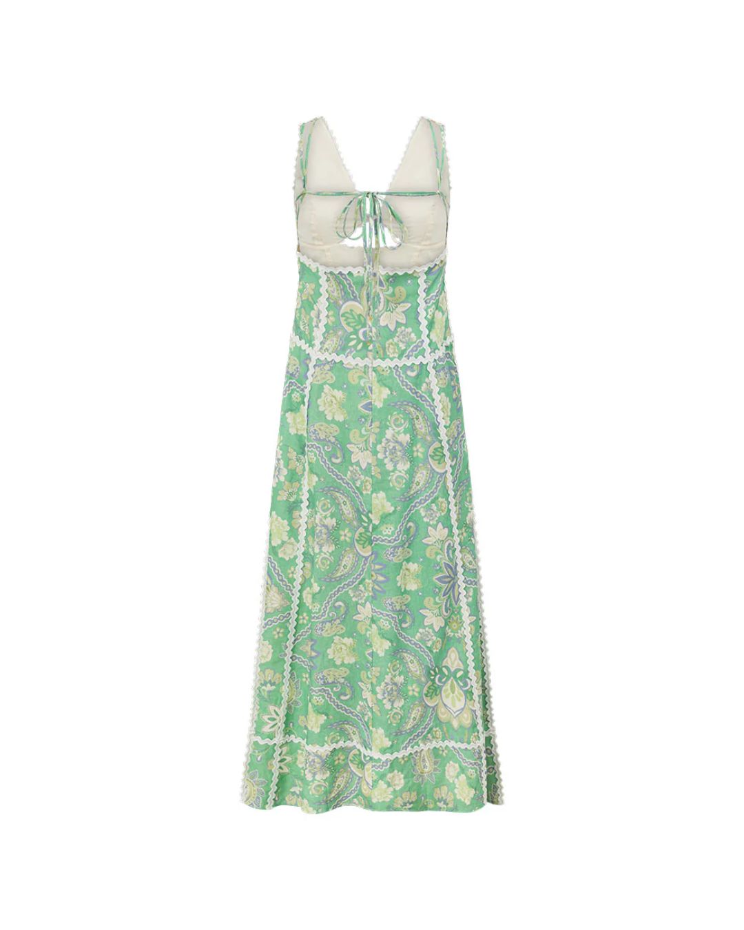 Vyla™ Mint Green Heritage Print Linen Maxi Dress Low Back Strappy Detail Ric Rac Trim