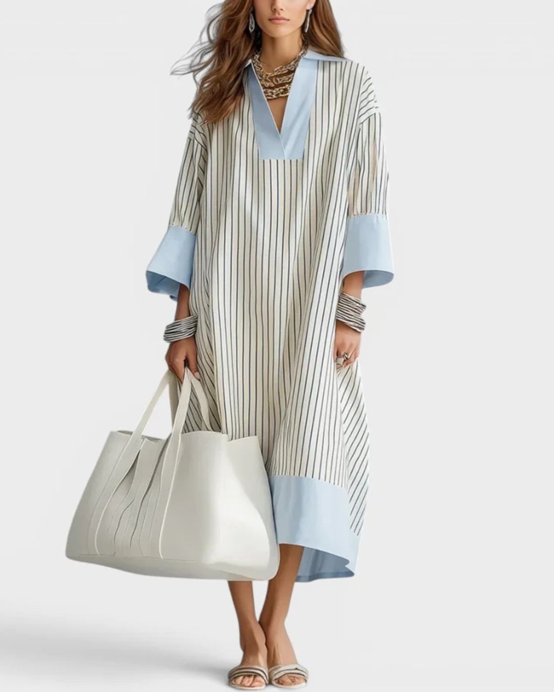 Vyla™ Elegant Striped Midi Dress Deep V-Neck Contrast Cuff Flowy Relaxed Fit Summer Dress