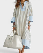 Vyla™ Elegant Striped Midi Dress Deep V-Neck Contrast Cuff Flowy Relaxed Fit Summer Dress