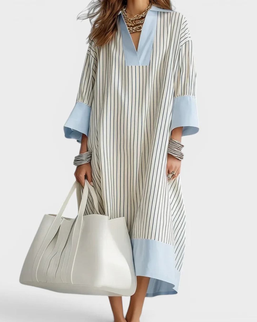 Vyla™ Elegant Striped Midi Dress Deep V-Neck Contrast Cuff Flowy Relaxed Fit Summer Dress