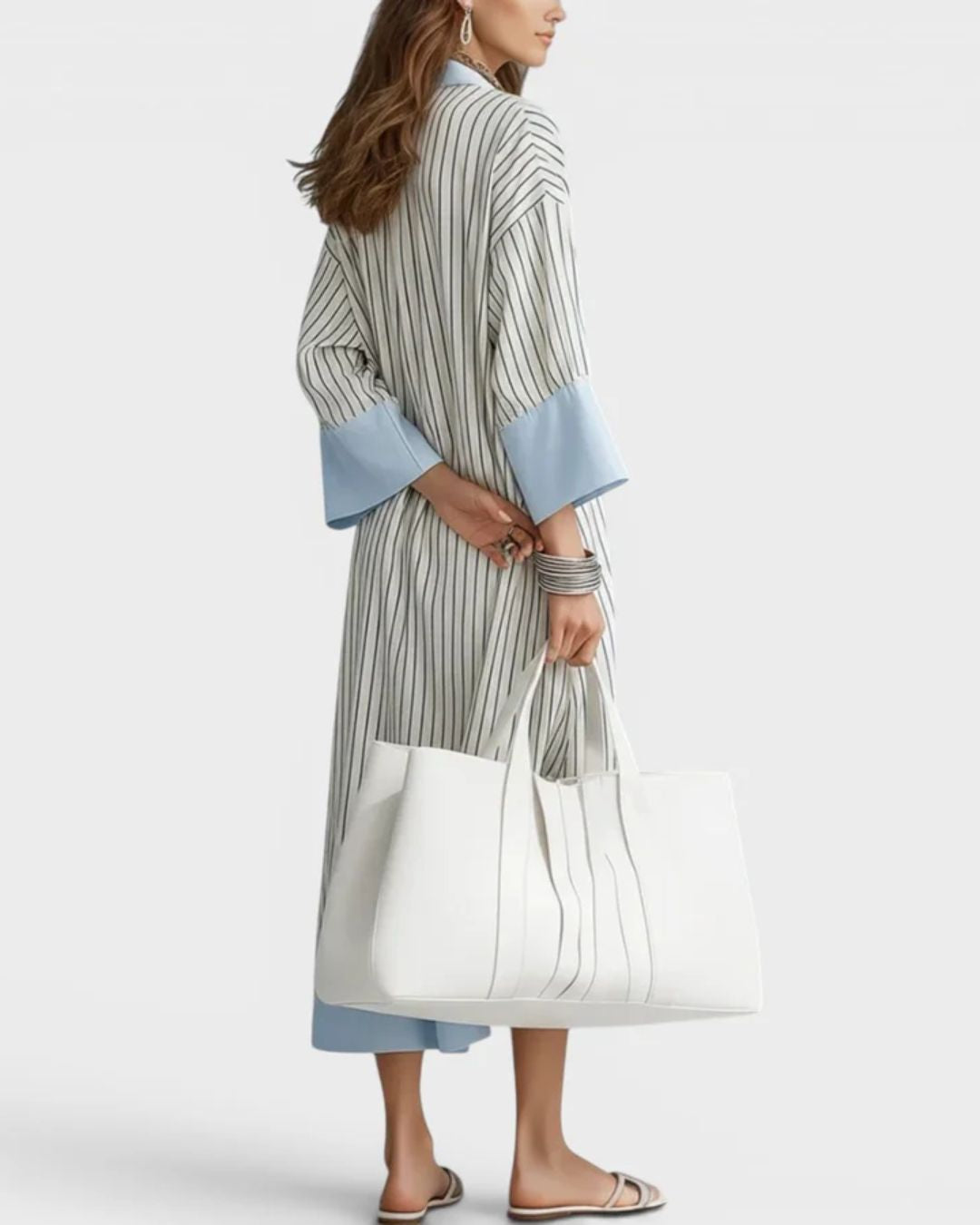 Vyla™ Elegant Striped Midi Dress Deep V-Neck Contrast Cuff Flowy Relaxed Fit Summer Dress