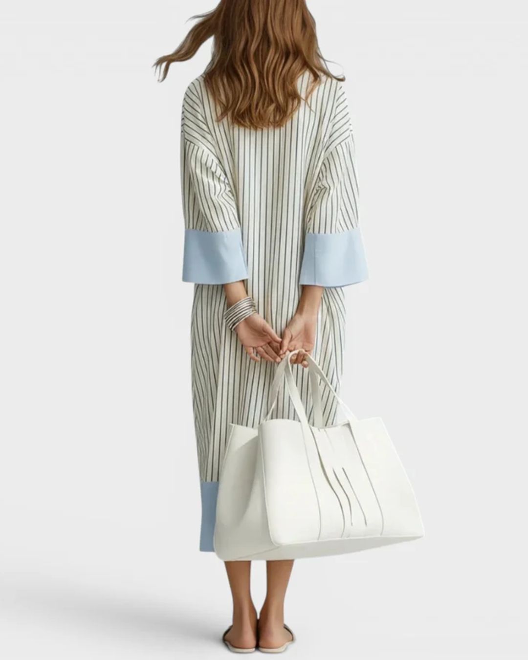 Vyla™ Elegant Striped Midi Dress Deep V-Neck Contrast Cuff Flowy Relaxed Fit Summer Dress