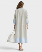 Vyla™ Elegant Striped Midi Dress Deep V-Neck Contrast Cuff Flowy Relaxed Fit Summer Dress