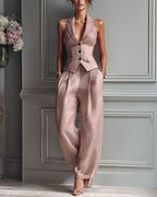 Vyla™ Tailored Waistcoat and Pleated Wide Leg Pants Set Structured Two-Piece Elegant Work Outfit