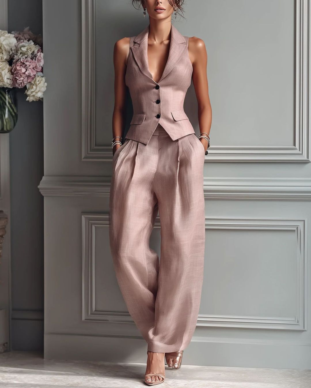 Vyla™ Tailored Waistcoat and Pleated Wide Leg Pants Set Structured Two-Piece Elegant Work Outfit
