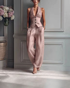 Vyla™ Tailored Waistcoat and Pleated Wide Leg Pants Set Structured Two-Piece Elegant Work Outfit