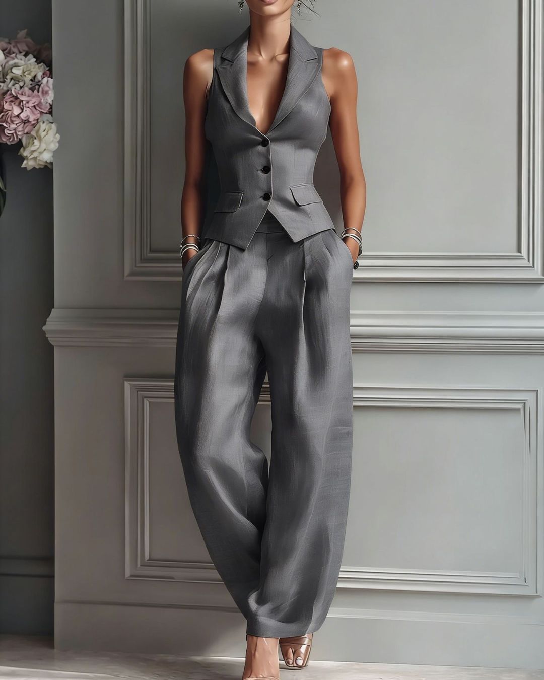 Vyla™ Tailored Waistcoat and Pleated Wide Leg Pants Set Structured Two-Piece Elegant Work Outfit