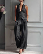 Vyla™ Tailored Waistcoat and Pleated Wide Leg Pants Set Structured Two-Piece Elegant Work Outfit