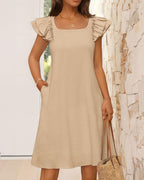 Vyla™ Ruffle Sleeve Bow Square Neck Casual Cute Shift Sundress