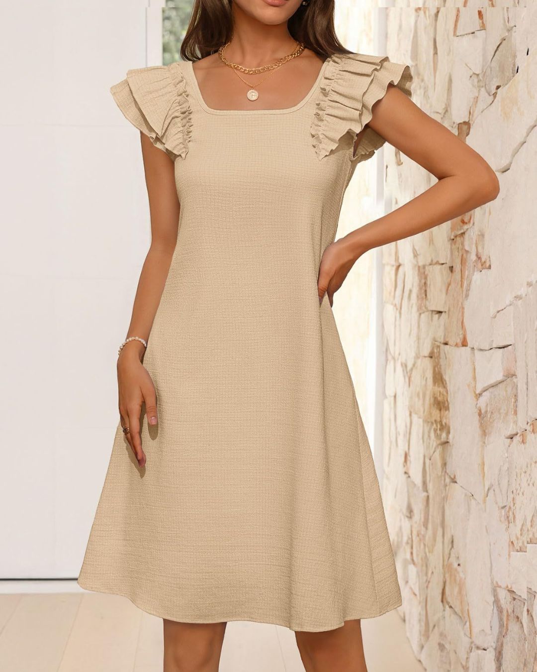 Vyla™ Ruffle Sleeve Bow Square Neck Casual Cute Shift Sundress