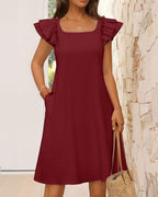 Vyla™ Ruffle Sleeve Bow Square Neck Casual Cute Shift Sundress