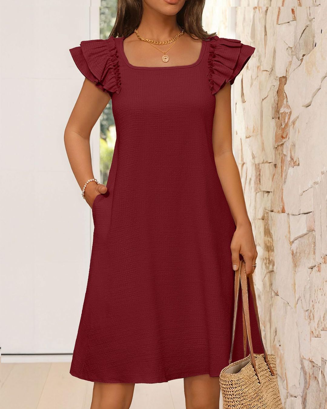 Vyla™ Ruffle Sleeve Bow Square Neck Casual Cute Shift Sundress