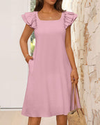 Vyla™ Ruffle Sleeve Bow Square Neck Casual Cute Shift Sundress