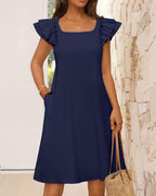 Vyla™ Ruffle Sleeve Bow Square Neck Casual Cute Shift Sundress