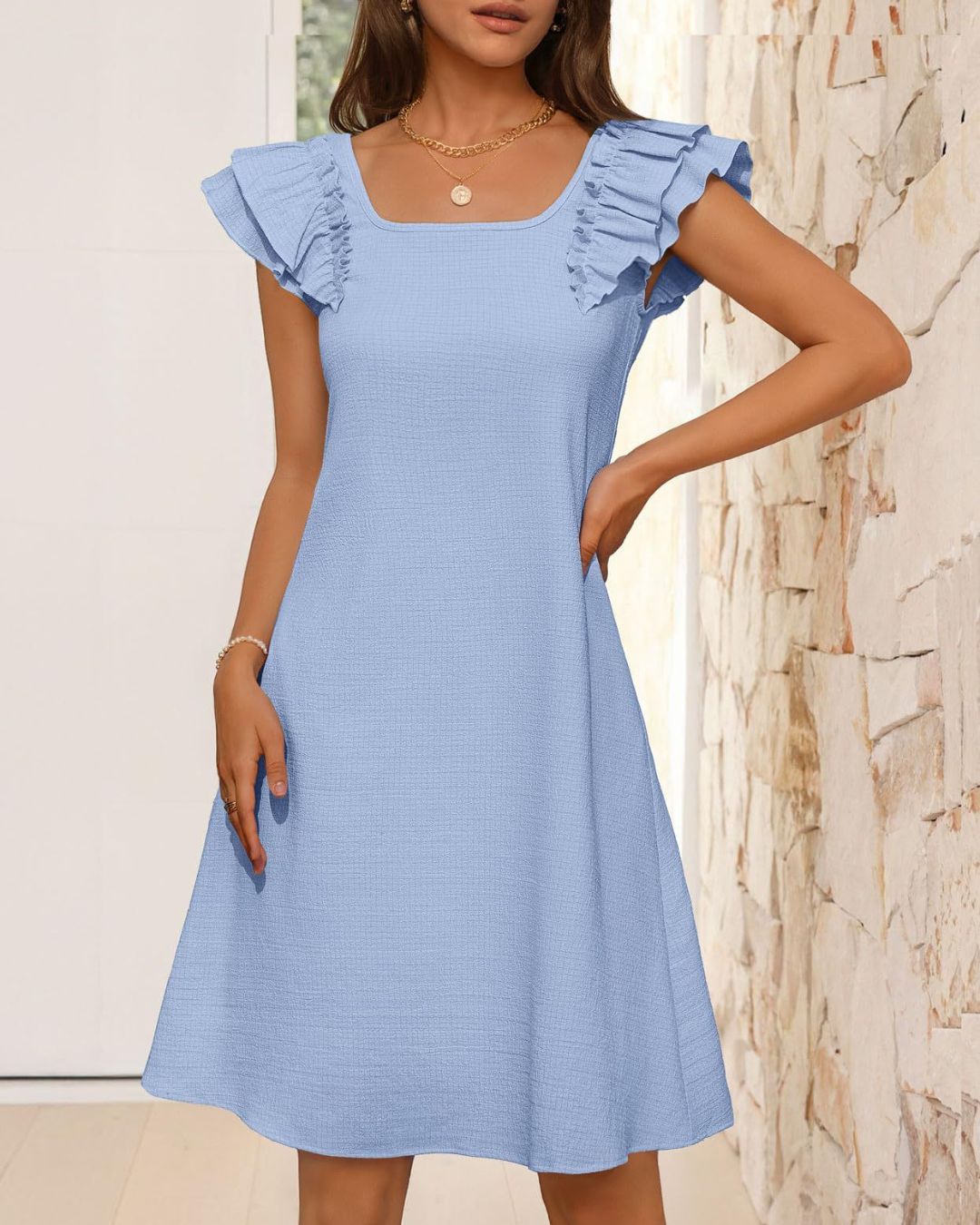Vyla™ Ruffle Sleeve Bow Square Neck Casual Cute Shift Sundress