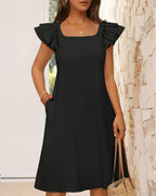 Vyla™ Ruffle Sleeve Bow Square Neck Casual Cute Shift Sundress