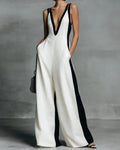 Vyla™ Monochrome Stripe Jumpsuit Deep V-Neck Wide Leg Elegant Tailored Outfit
