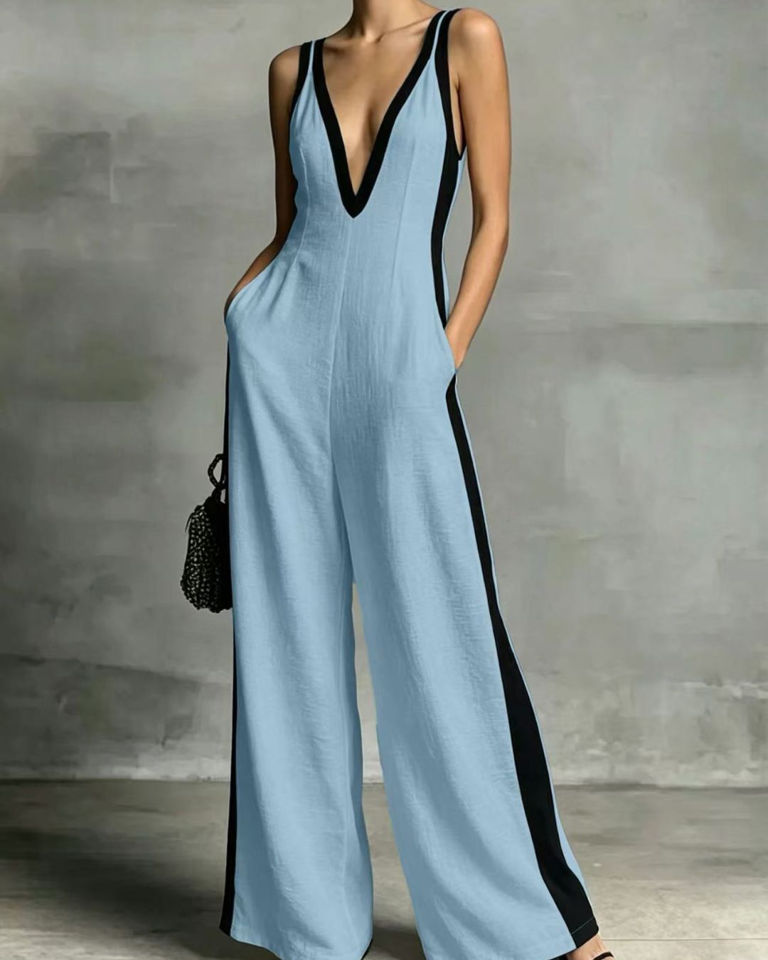 Vyla™ Monochrome Stripe Jumpsuit Deep V-Neck Wide Leg Elegant Tailored Outfit