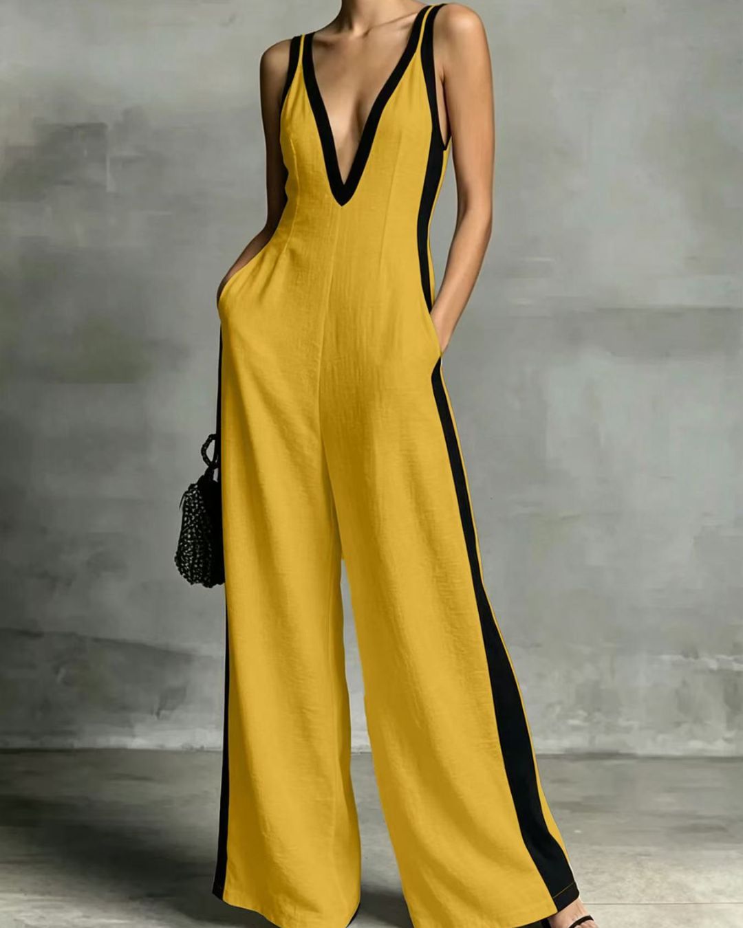 Vyla™ Monochrome Stripe Jumpsuit Deep V-Neck Wide Leg Elegant Tailored Outfit