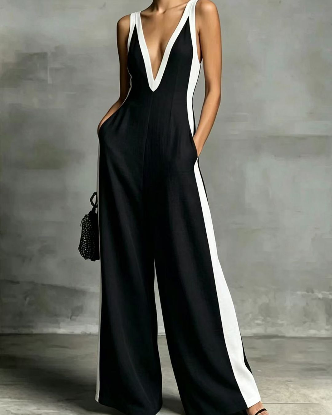 Vyla™ Monochrome Stripe Jumpsuit Deep V-Neck Wide Leg Elegant Tailored Outfit