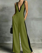 Vyla™ Monochrome Stripe Jumpsuit Deep V-Neck Wide Leg Elegant Tailored Outfit