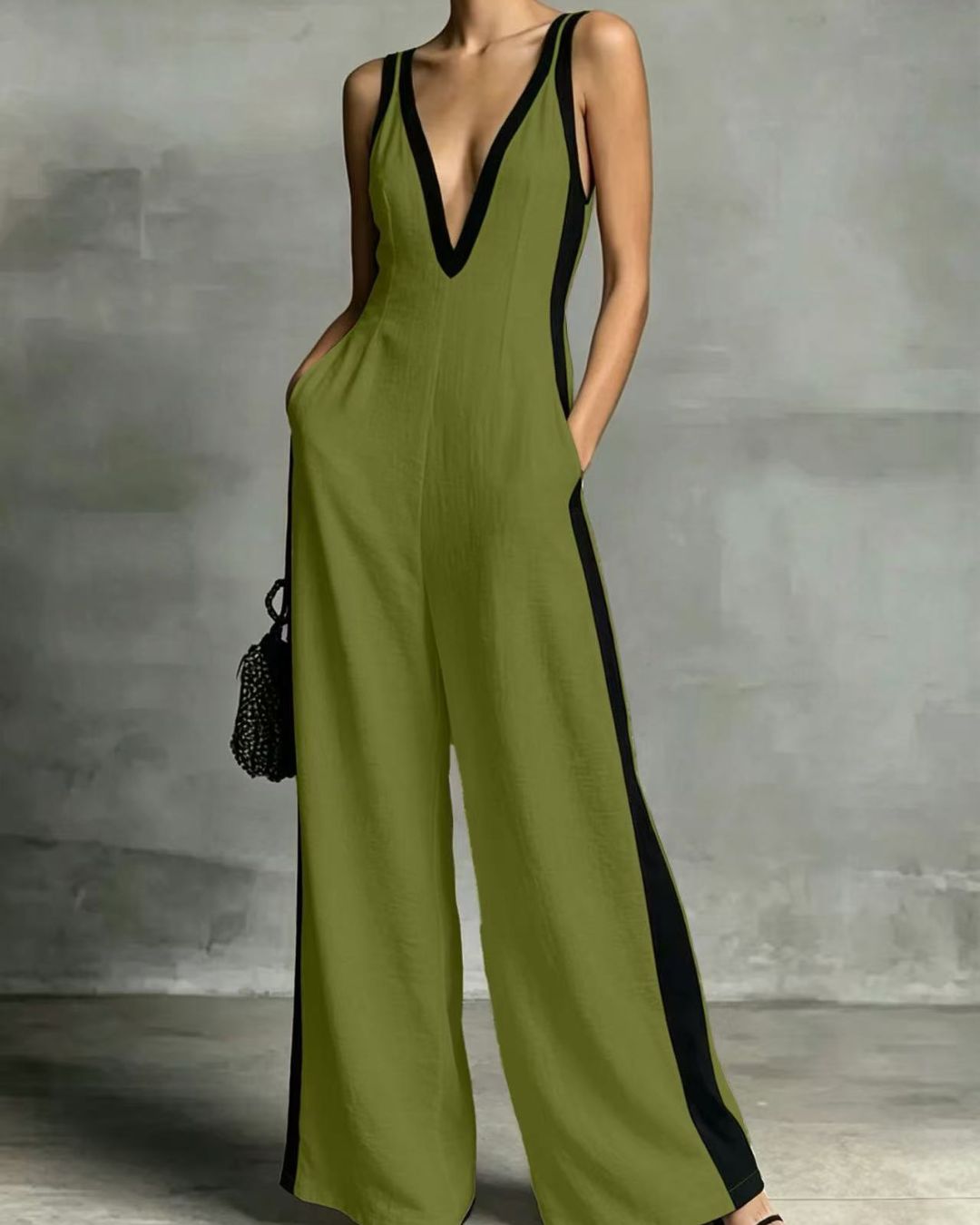 Vyla™ Monochrome Stripe Jumpsuit Deep V-Neck Wide Leg Elegant Tailored Outfit