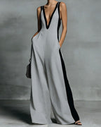 Vyla™ Monochrome Stripe Jumpsuit Deep V-Neck Wide Leg Elegant Tailored Outfit