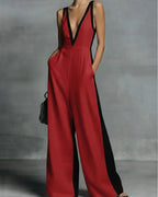 Vyla™ Monochrome Stripe Jumpsuit Deep V-Neck Wide Leg Elegant Tailored Outfit