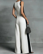 Vyla™ Monochrome Stripe Jumpsuit Deep V-Neck Wide Leg Elegant Tailored Outfit