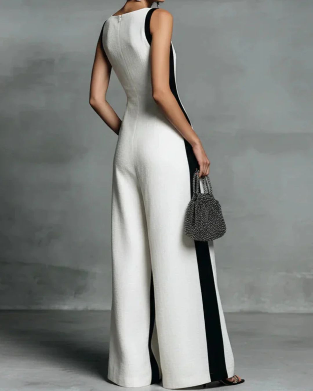 Vyla™ Monochrome Stripe Jumpsuit Deep V-Neck Wide Leg Elegant Tailored Outfit
